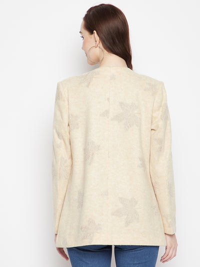Beige Floral Round Neck Blazer-Women Blazer-Crimsoune Club