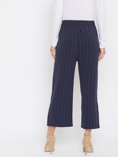 Navy Blue Striped Parallel Trousers - Women Trousers