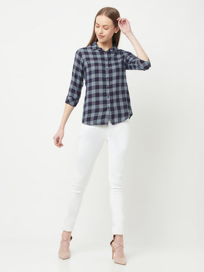 Navy Blue Tartan Checks Shirt - Women Tops