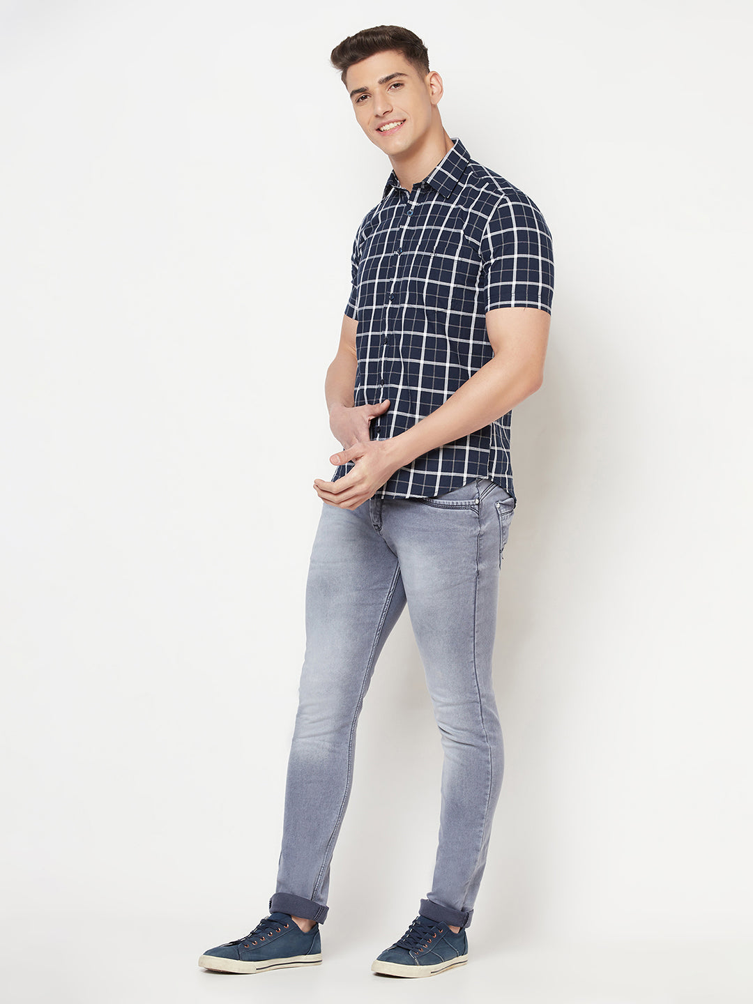 Navy Blue Checked Shirt - Men Shirts