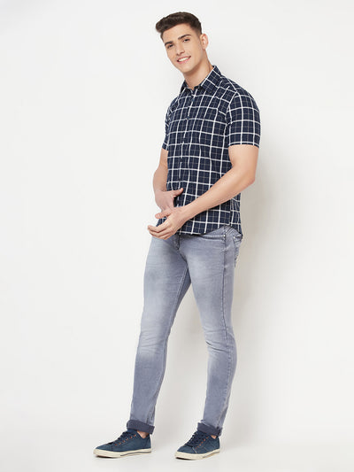 Navy Blue Checked Shirt - Men Shirts