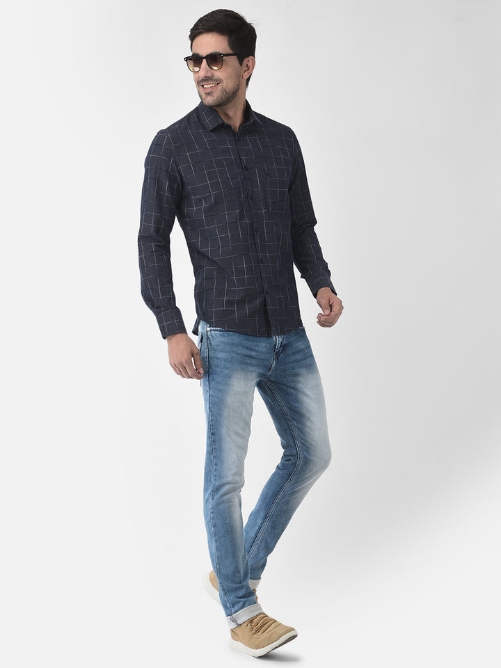 Navy Blue Windowpane Checked Shirt - Men Shirts