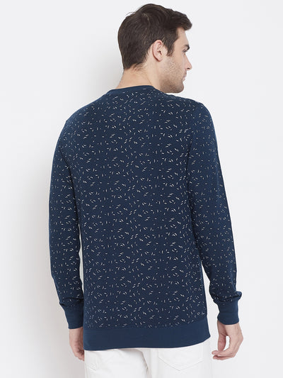Navy Blue Printed Round Neck Sweatshirt - Men Sweatshirts