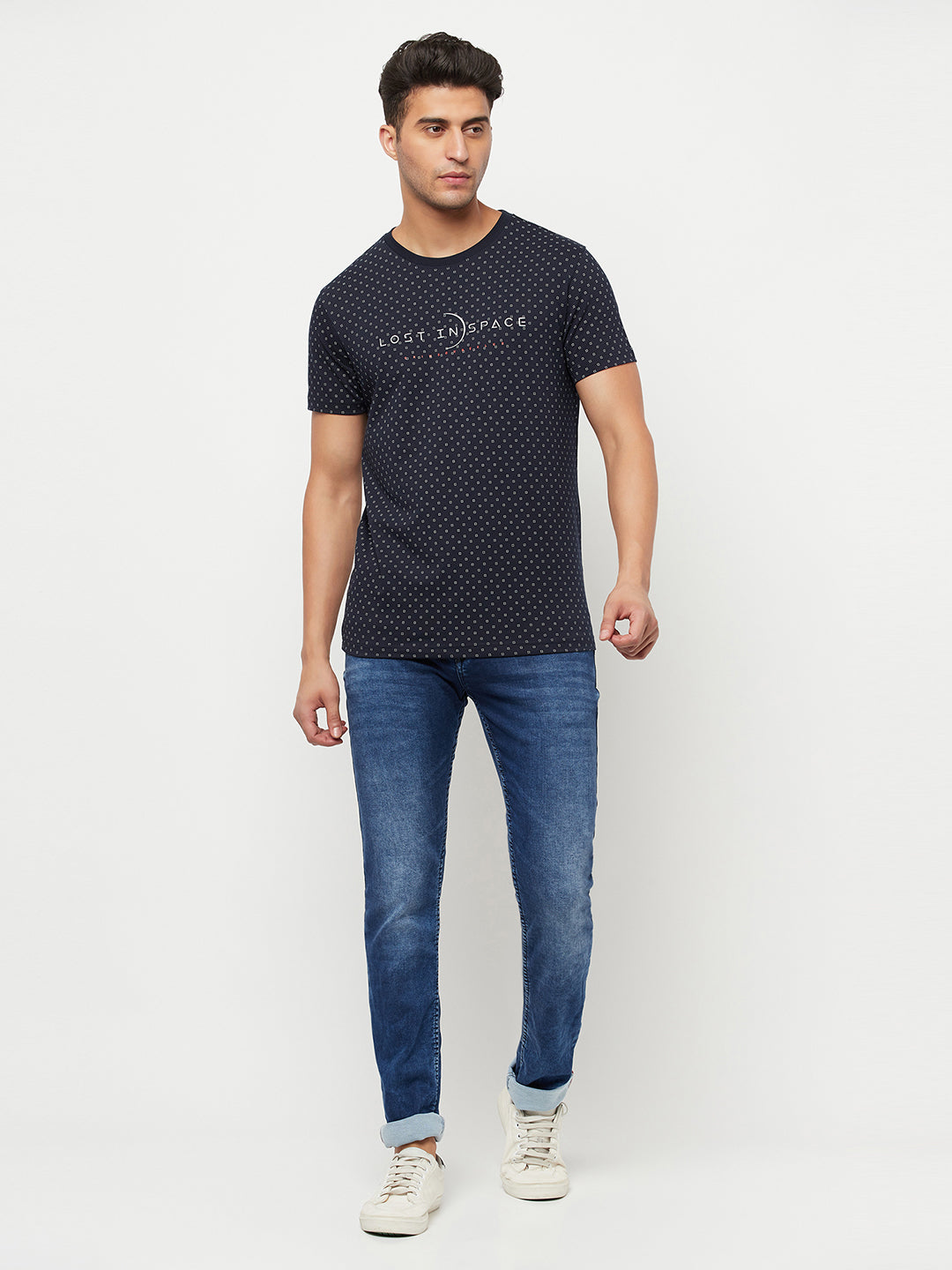 Navy Blue Printed Round Neck T-Shirt - Men T-Shirts