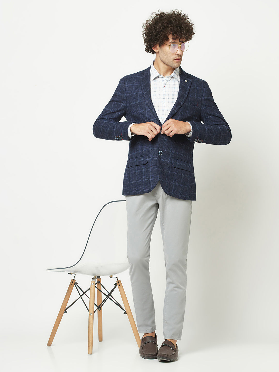  Navy Blue Checkered Blazer