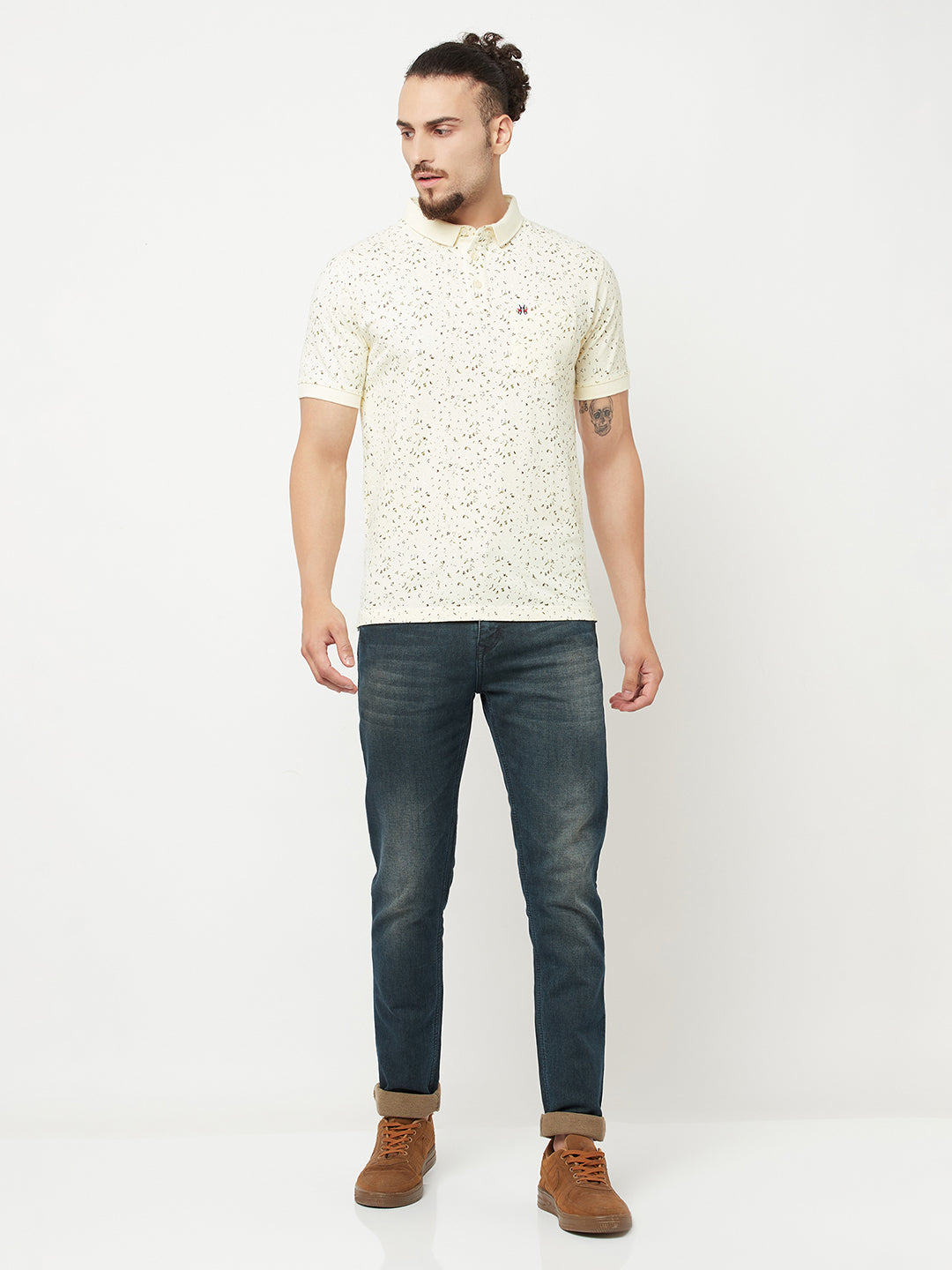 White Printed Polo T-Shirt - Men T-Shirts