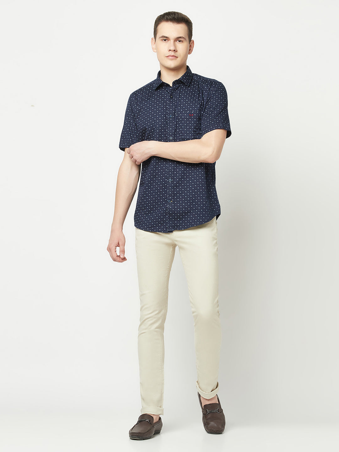  Short-Sleeved Navy Blue Geometric Shirt