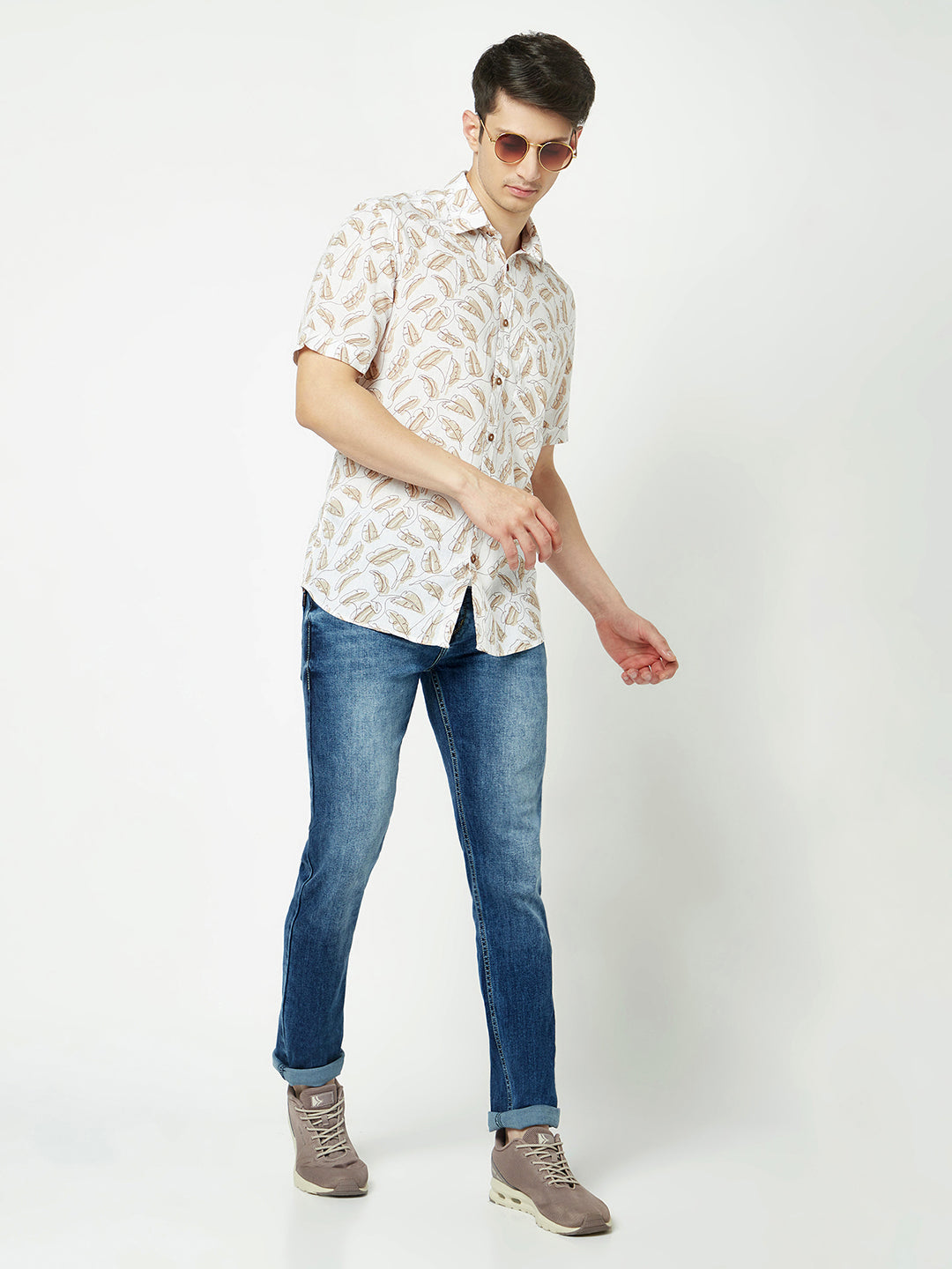  Beige One-Line Floral Print Shirt 