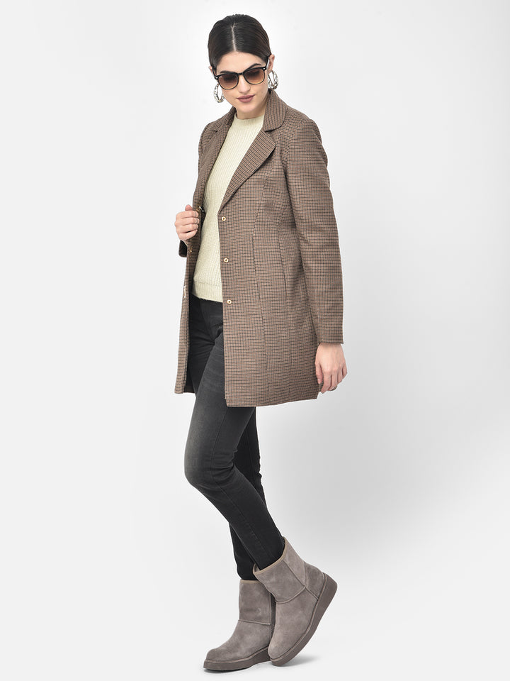 Women Brown Checked Longline Blazer-Women Blazer-Crimsoune Club