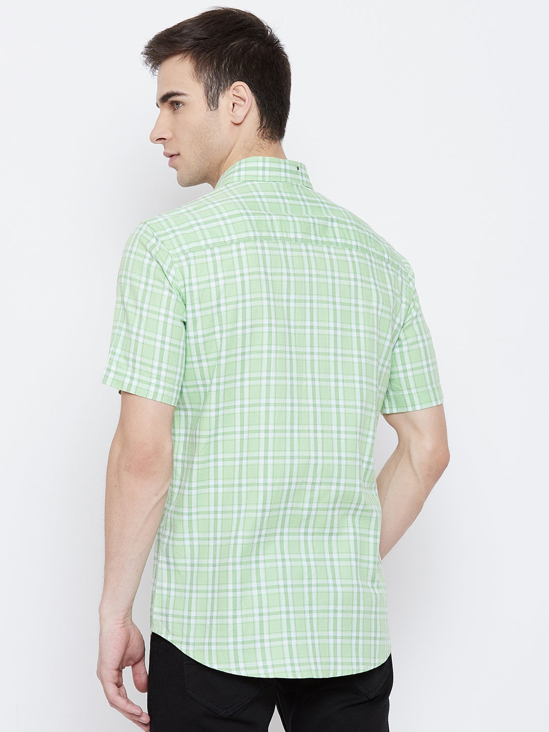 Mint Green Checked Spread Collar Slim Fit Shirt - Men Shirts