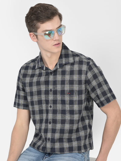  Navy Blue Short-Sleeved Checked Shirt 