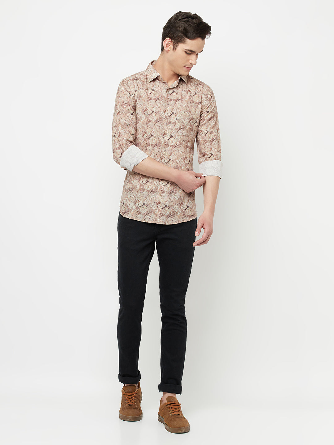 Beige Printed Linen Shirt - Men Shirts