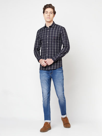 Navy Blue Checked Shirt - Men Shirts