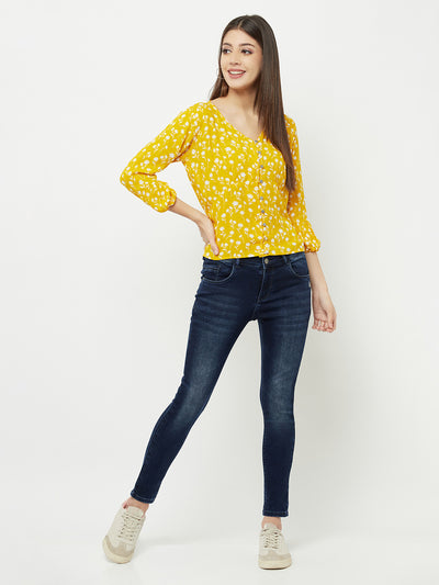 Yellow Floral Printed V-Neck Cropped Top - Women Tops