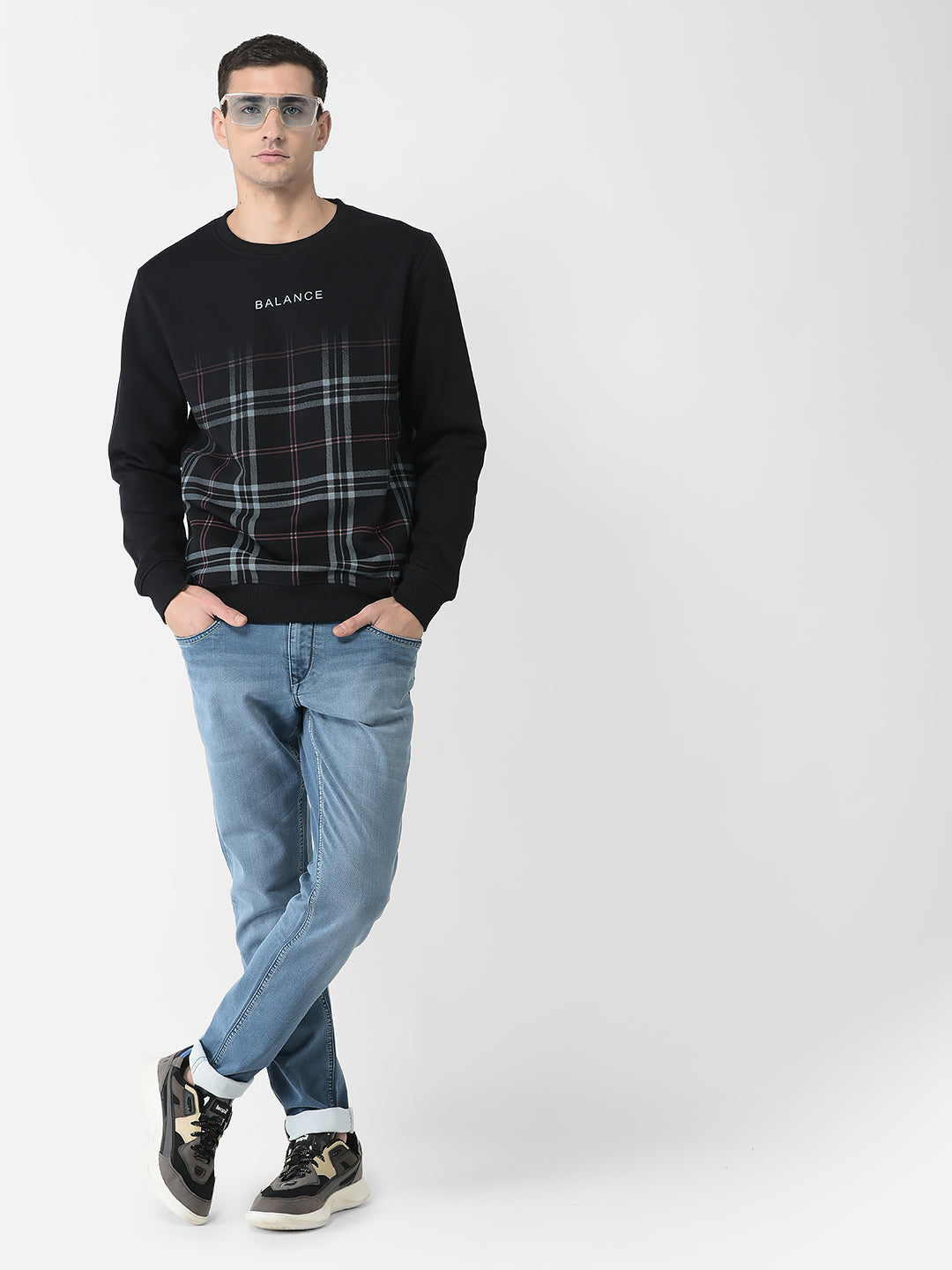  Navy Blue Balance Checked Sweatshirt