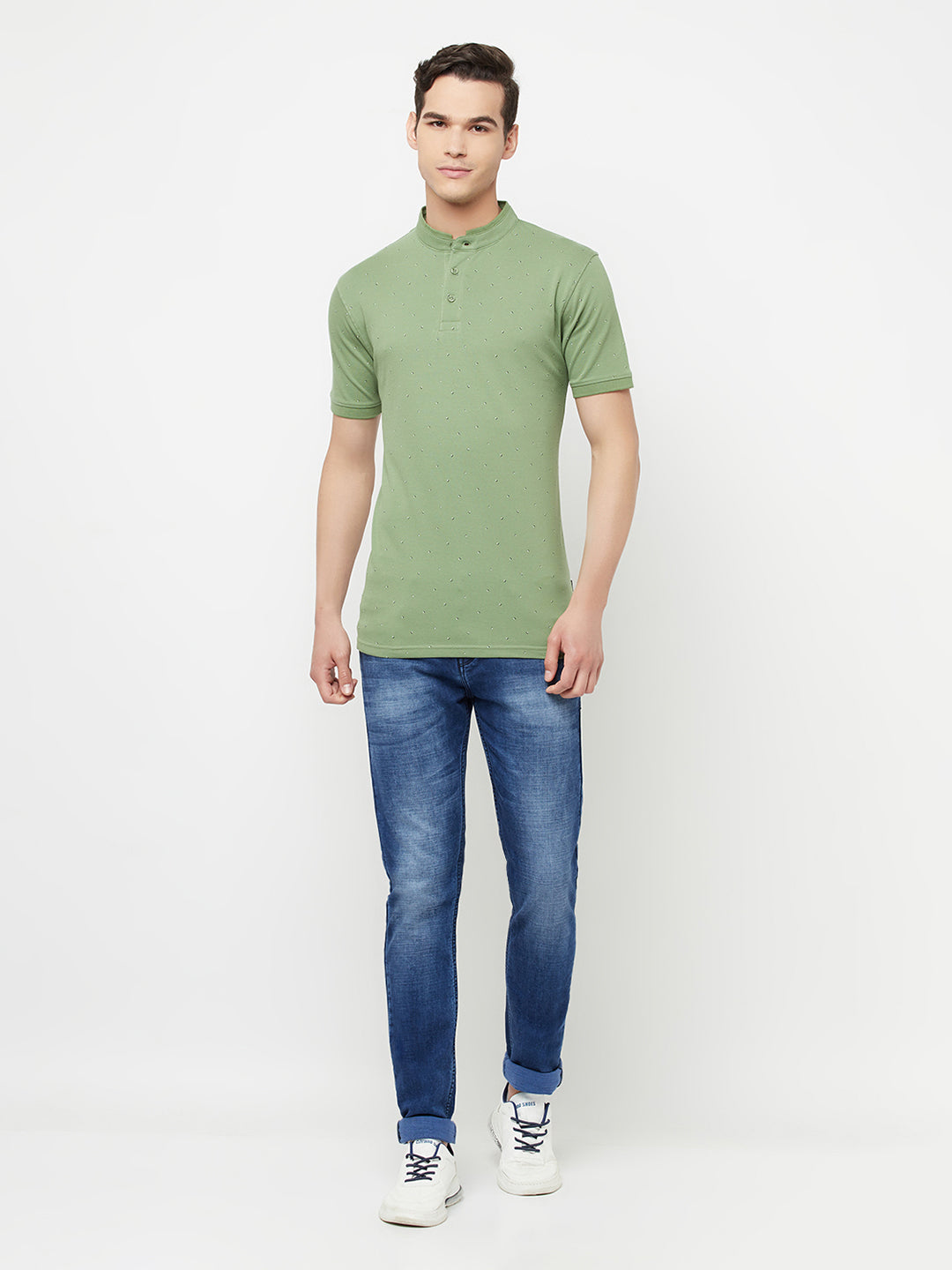 Olive Printed Mandarin Collar T-Shirt - Men T-Shirts