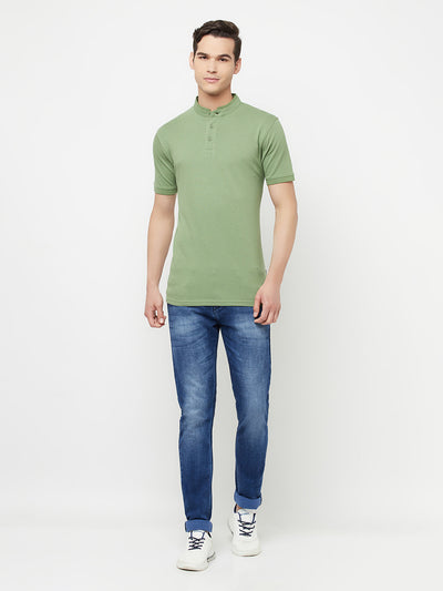 Olive Printed Mandarin Collar T-Shirt - Men T-Shirts