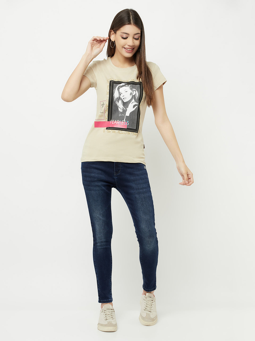 Beige Graphic Printed Round Neck T-Shirt - Women T-Shirts
