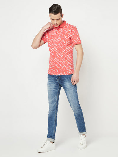 Pink Floral Printed Polo T-Shirt - Men T-Shirts