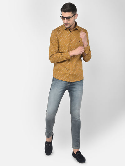 Mustard Printed Spread Collar Shirt - Men Shirts