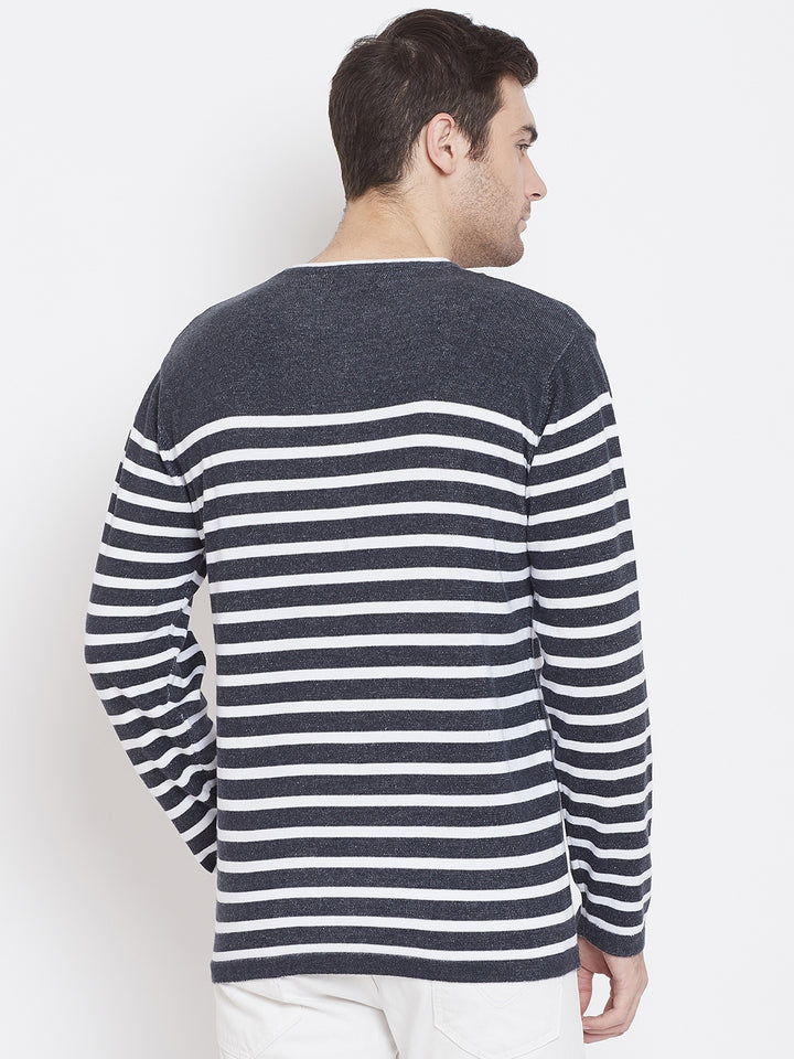 Grey Striped Round Neck Sweaters-Men Sweaters-Crimsoune Club