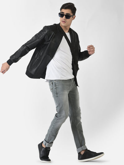 Black Leather Jacket with Logo Work 