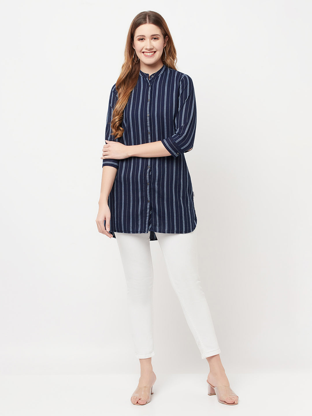 Navy Blue Striped Longline Shirt - Women Shirts