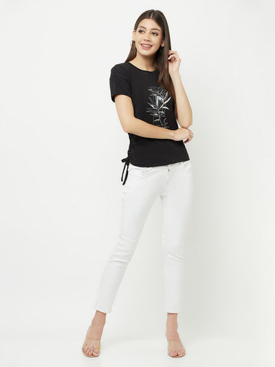 Black Printed Round Neck T-Shirt With Knot - Women T-Shirts