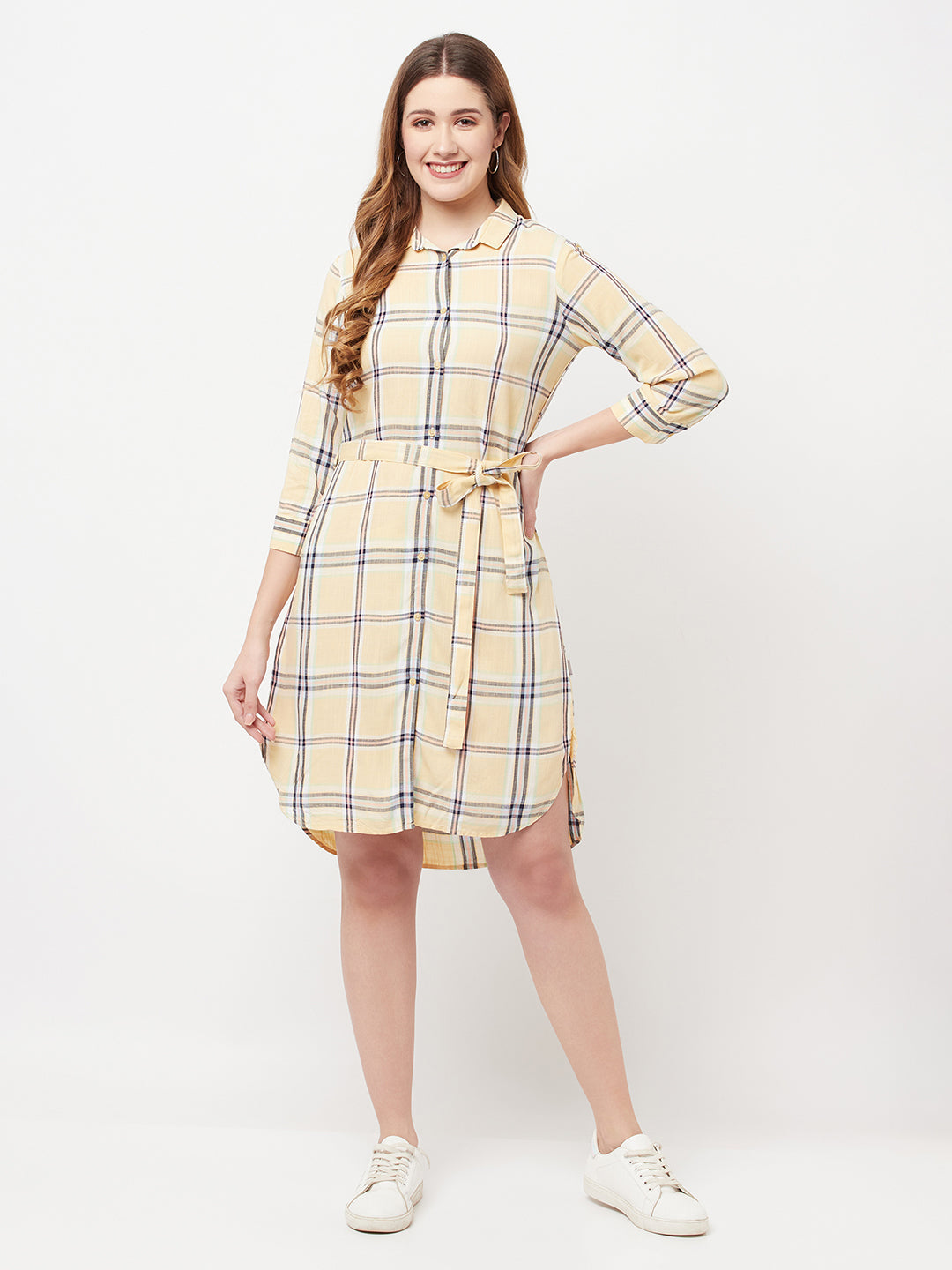 Beige Checked Shirt Dress - Women Dresses