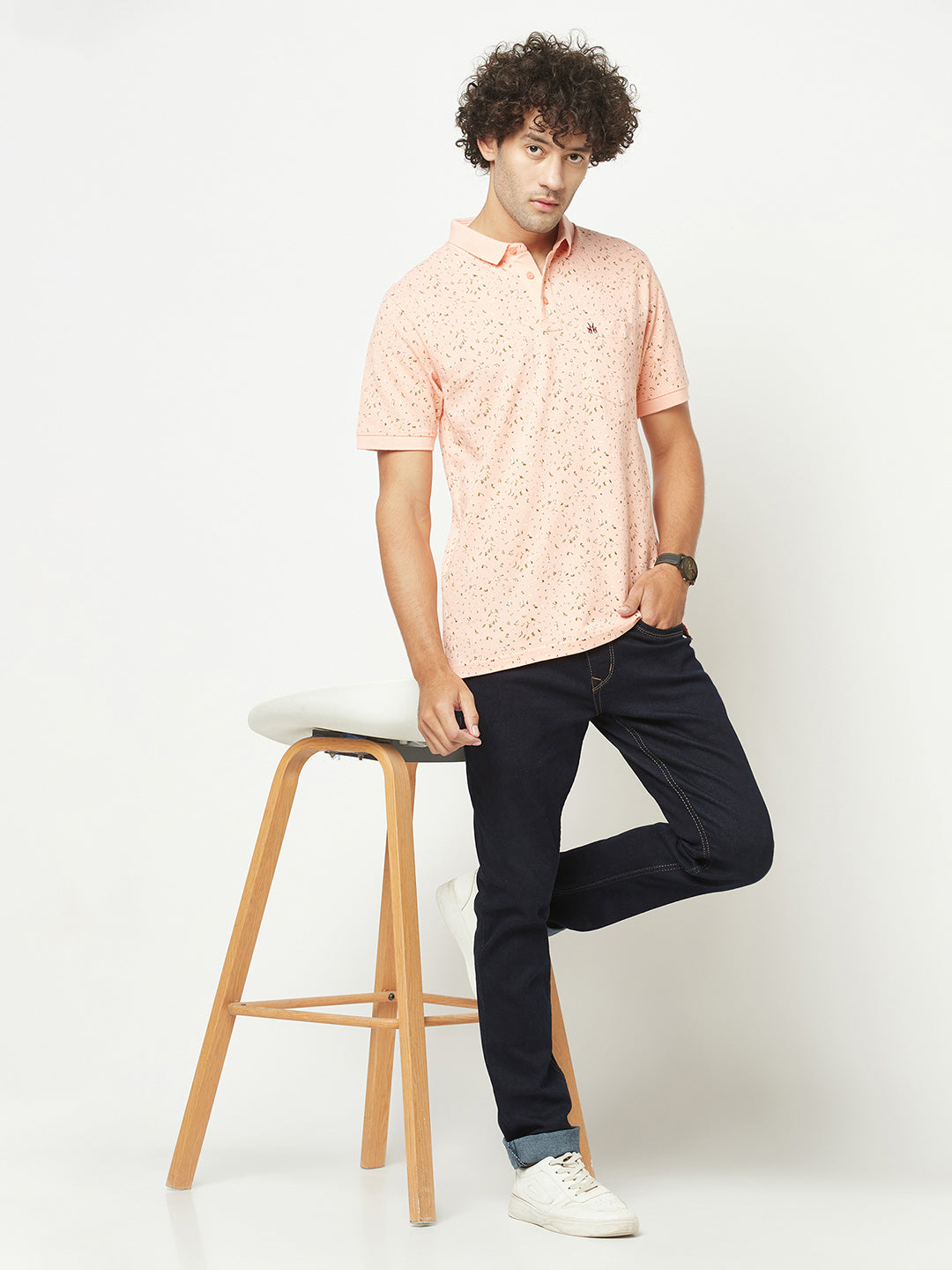  Peach Mini-Floral Polo T-Shirt