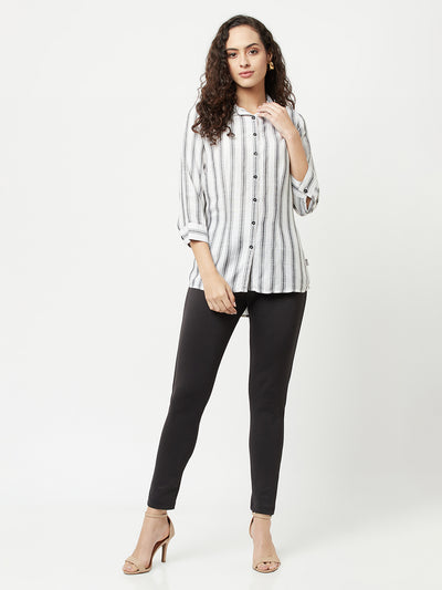 White Striped High-Low Shirt-Women Shirts-Crimsoune Club