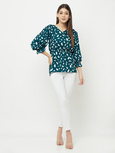 Teal Green Printed V-Neck Empire Top - Women Tops