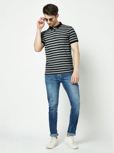 Striped Black-Grey Polo T-Shirt-Men T-Shirts-Crimsoune Club