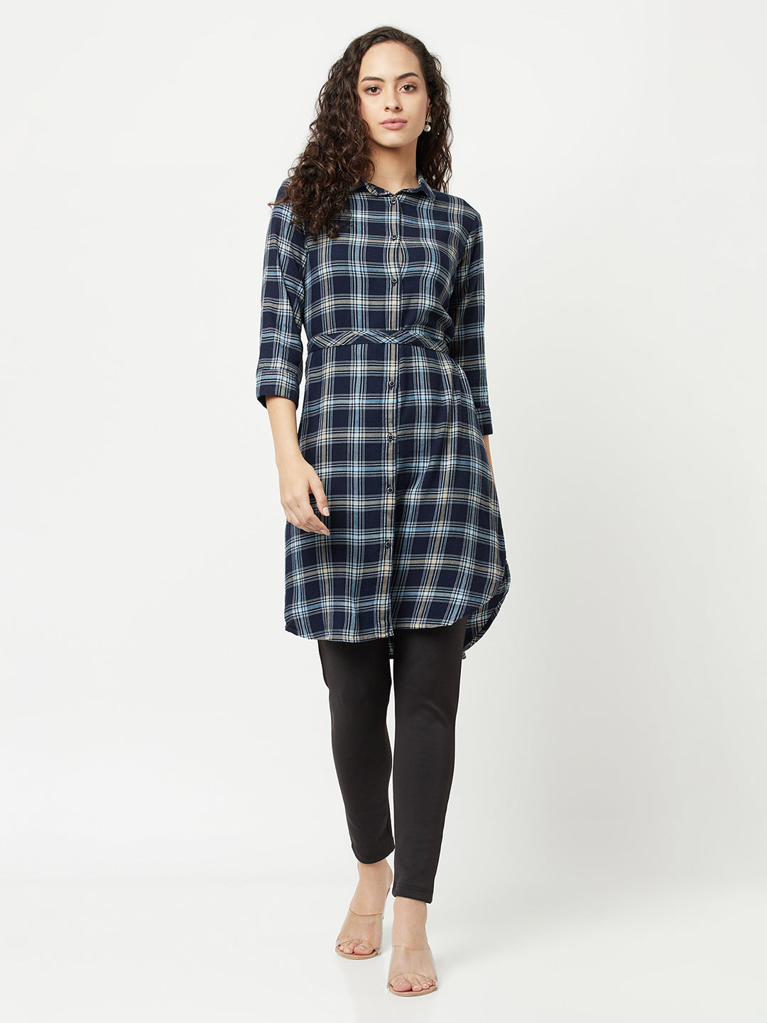 Navy Blue Checked Shirt Dress-Women Dresses-Crimsoune Club