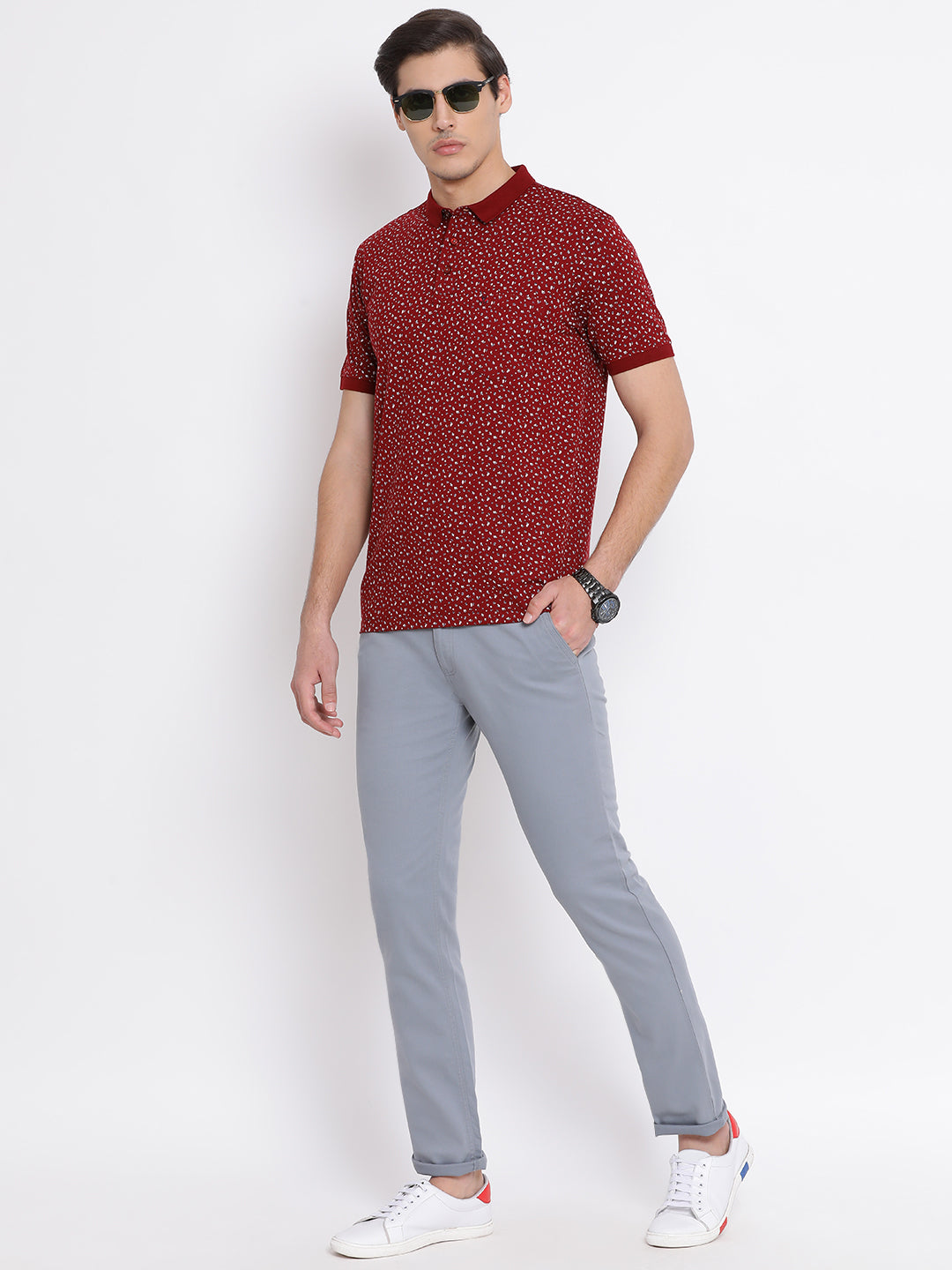 Red Printed Polo Neck T-Shirt - Men T-Shirts