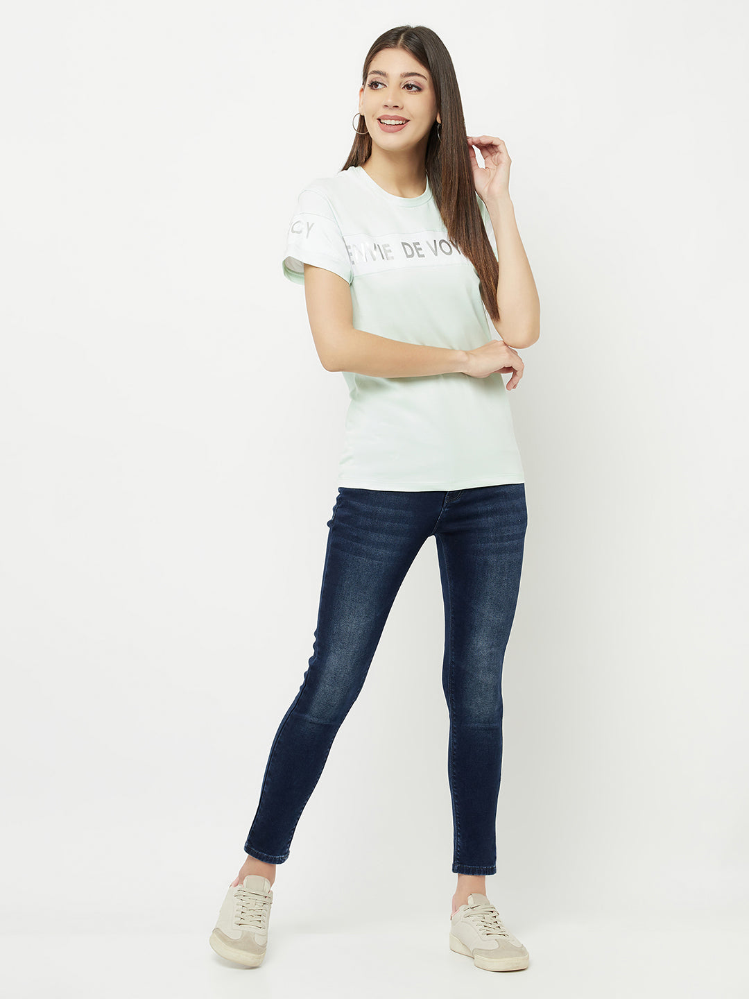 Mint Green Printed Round Neck T-Shirt - Women T-Shirts