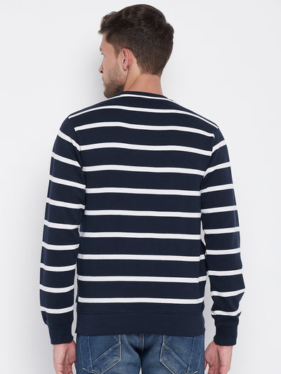 Navy Blue Striped Round Neck Sweatshirt - Men Sweatshirts