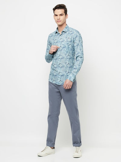 Blue Printed Linen Shirt - Men Shirts