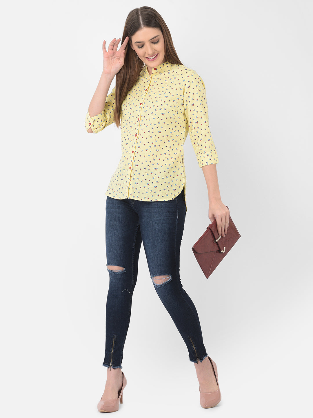 Yellow Floral Printed Linen Mandarin Collar Shirt - Women Shirts