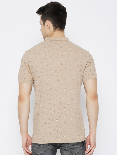 Beige Printed Polo Neck T-shirt - Men T-Shirts