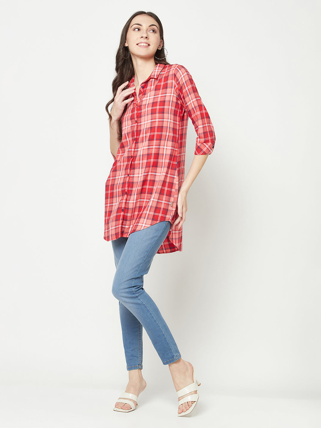  Red Checked Longline Shirt