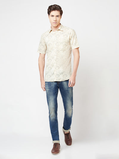 Beige Floral Linen Shirt - Men Shirts