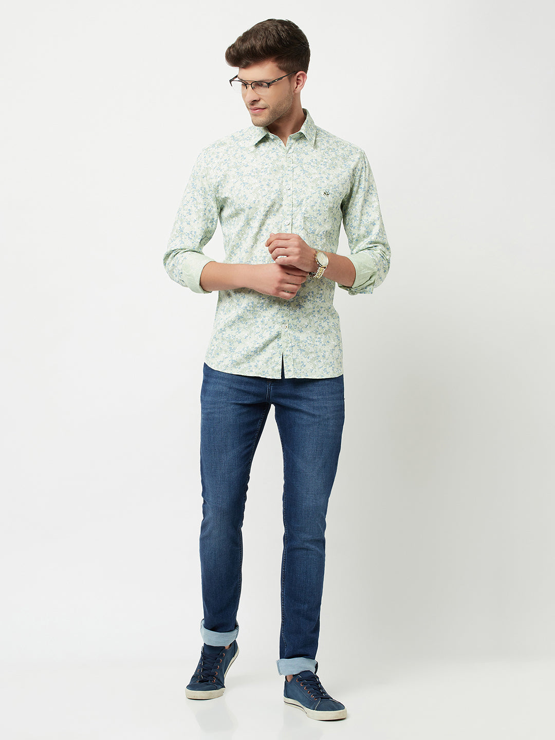 Mint-Green Floral Printed Shirt-Men Shirts-Crimsoune Club