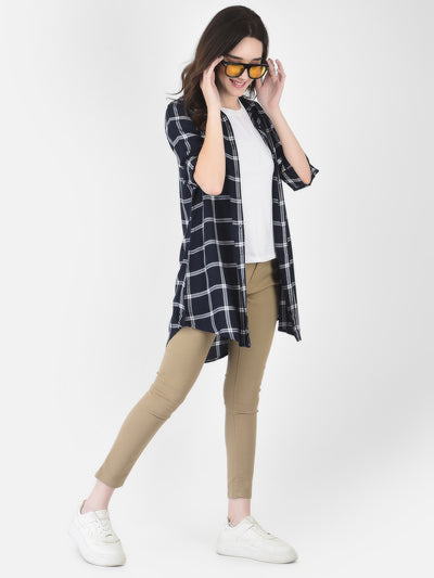 Navy Blue Windowpane Checked Shirt - Women Shirts