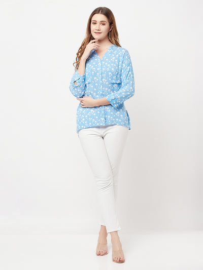 Blue Floral Printed V-Neck Shirt - Women Shirts