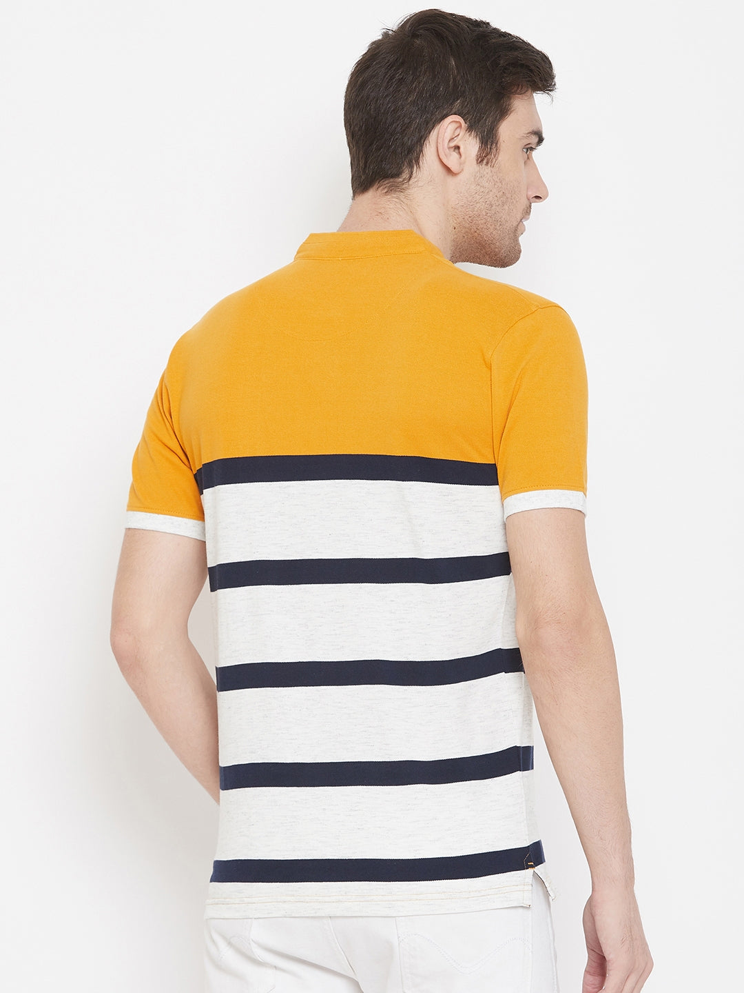 Yellow Striped Mandarin Neck T-Shirt - Men T-Shirts