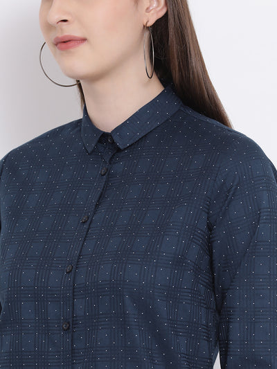 Blue Printed Mandarin Collar Slim Fit Shirt - Women Shirts