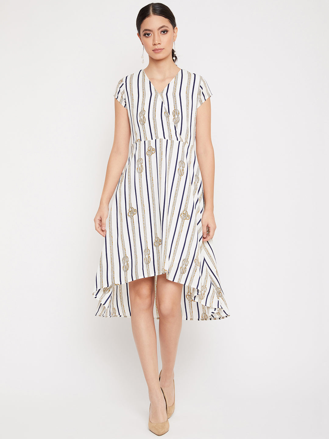 White Striped V-Neck Dress - Women Dresses