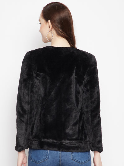 Black Round Neck Fur Blazer - Women Blazer