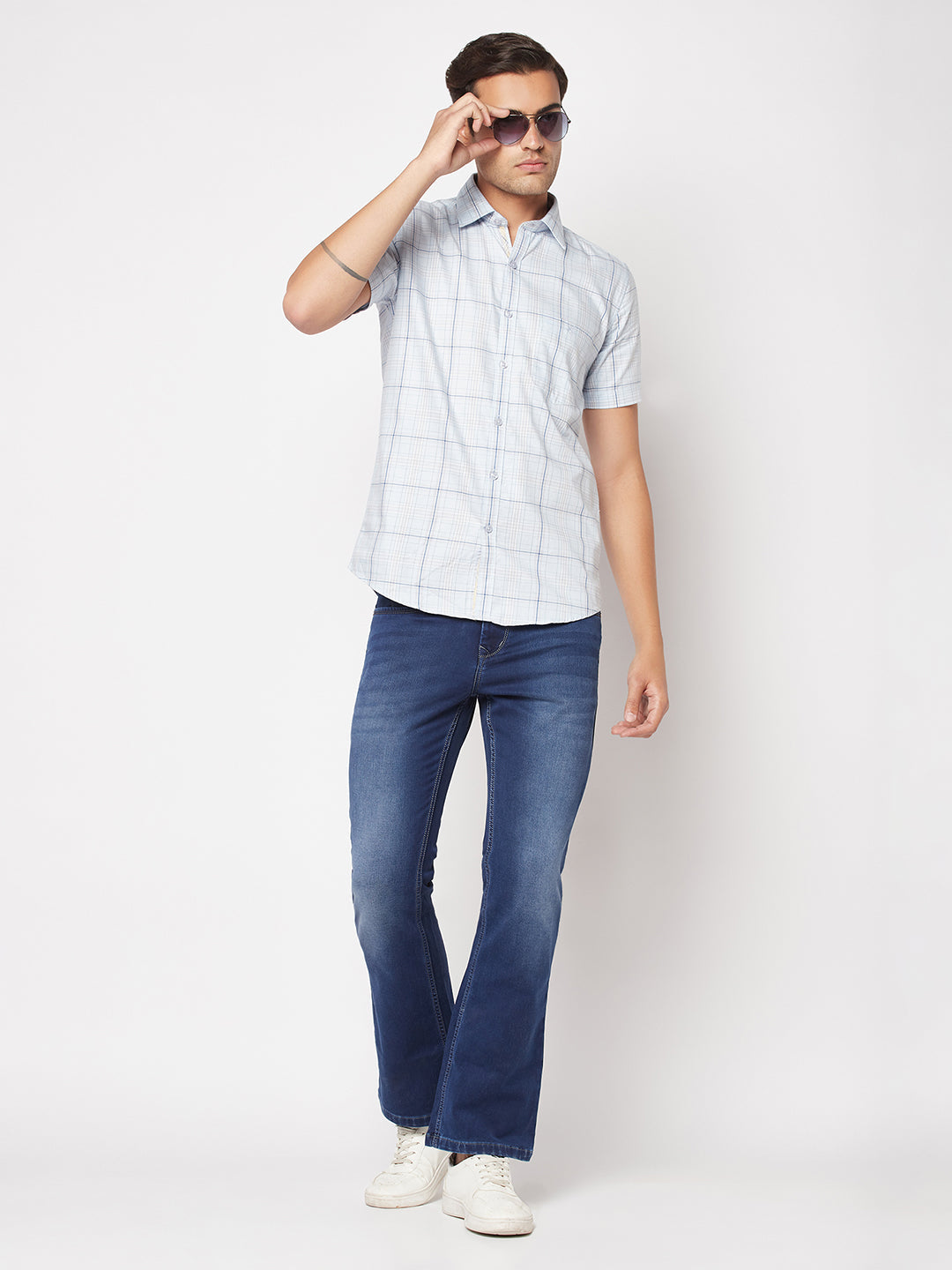  Short-Sleeved Blue Checked Shirt